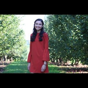 Burnt Orange Bell-Sleeve Dress
